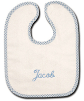 White Cotton Terry Baby Bib with Blue Gingham Trim