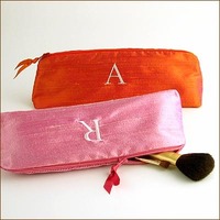 Silk Solid Embroidered Initial Cosmetic Brush Case