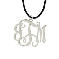 Large Sterling Silver Filigree Monogram with Black Leather Necklace