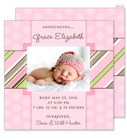 Pink and Green Striped Photo Birth Announcements