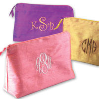 Silk Solid Embroidered Monogram Cosmetic Bag