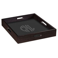 Black Wood Square Tray with Etched Glass Circle Monogram