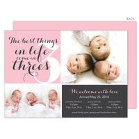 Pink Best In Threes Triplets Double Photo Birth Announcements