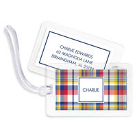 Navy and Red Madras Plaid Luggage Tags